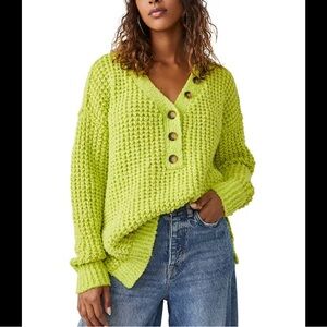 Free People Whistle Thermal Henley Lime Green Acid Chunky Knit Sweater Size M
